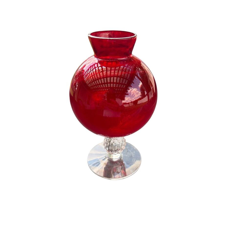 MORGANTOWN GLASS CO #7642 "GOLF BALL" STEM FOOTED IVY/ROSE BOWL VASE - DEEP RED